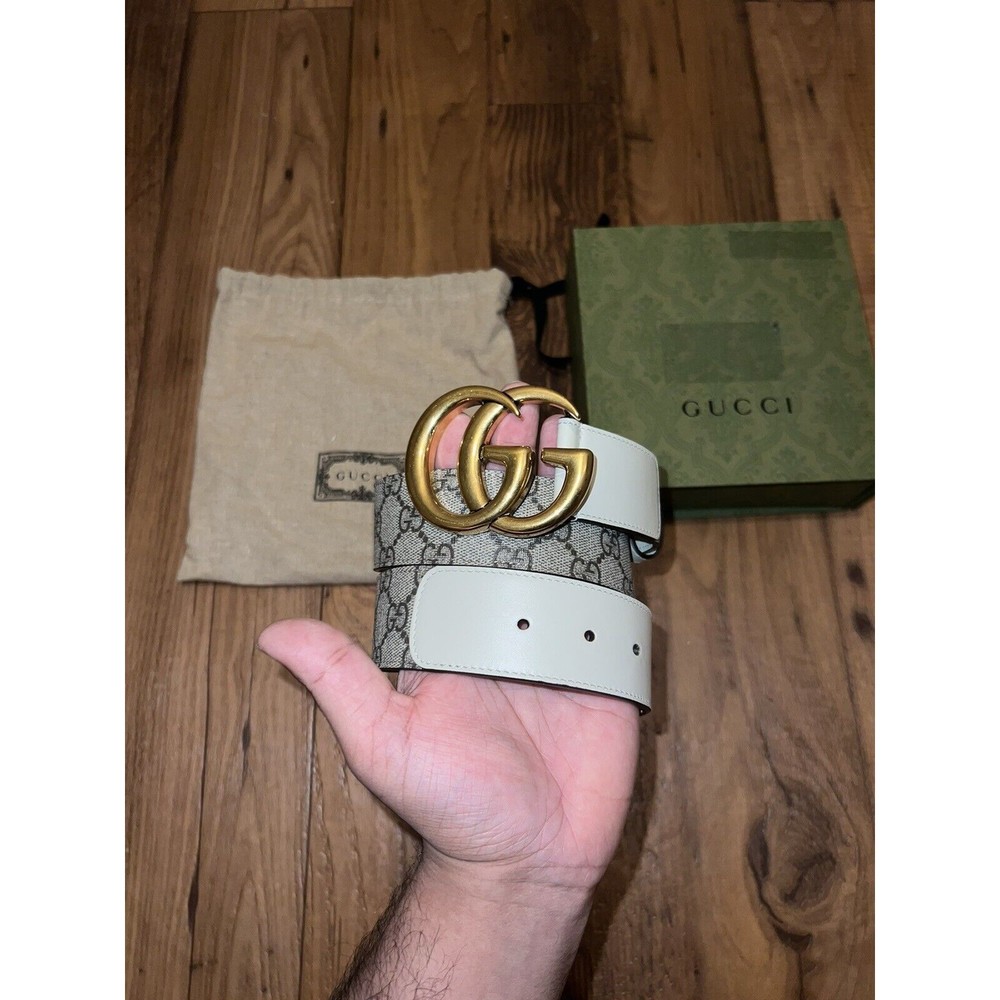 GUCCI GG Belt With Double G Buckle Supreme Canvas & White Leather Size 80•32